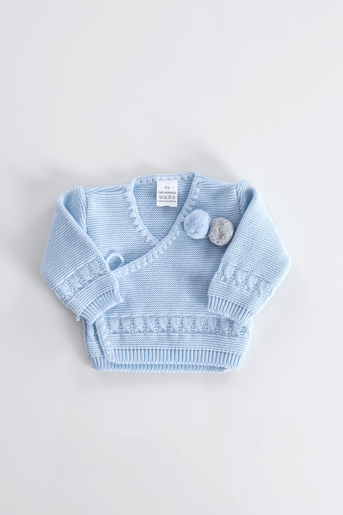Knitted Open Side Pompoms Baby Jacket