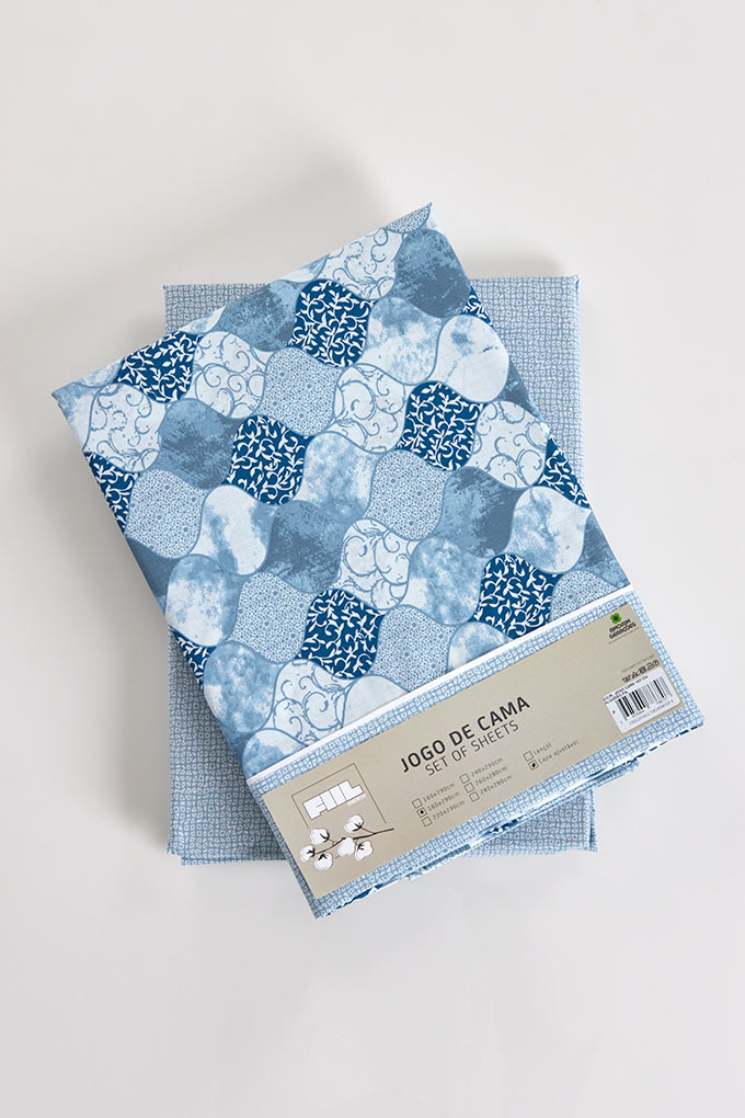 Indigo Printed Cotton Sheets Set w/ Fitted Sheet